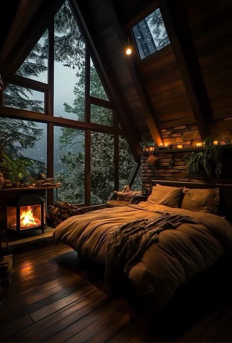 A Frame Cabin Bedroom, Cabin In The Woods Decor, Wood Cabin Decor Interiors, Cabin House Bedroom, Bedroom Ideas Cabin, Cabin Room Ideas Bedrooms, A Frame Bedroom Ideas, A Frame Bedroom, Cozy House Bedroom