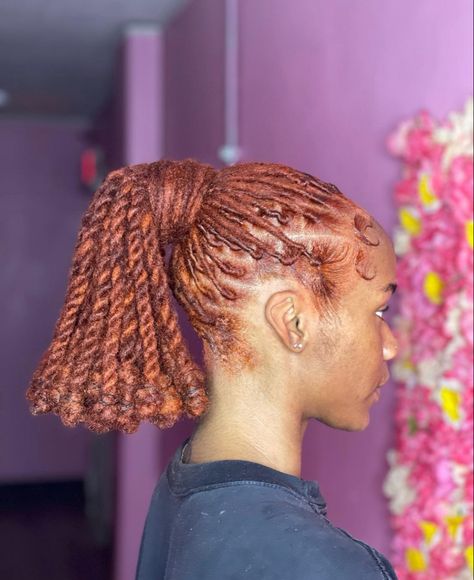 Plaits On Locs, Dreadlocks Ponytail Hairstyles, Locs Graduation Hairstyles, Barbie Ponytail Locs, Loc Barbie Ponytail, Loc Bob Dreads Black Women, Birthday Loc Styles, Orange Locs, Red Locs