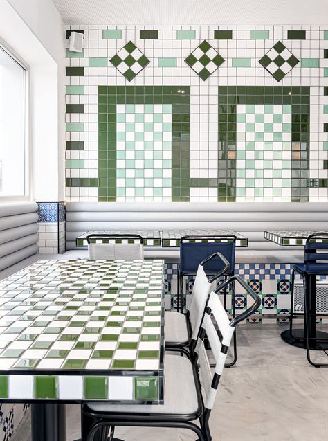 This Spanish Studio Just Took the Checker Craze to the Next Level - Sight Unseen Subway Tile Patterns, Restaurant Vintage, Upholstered Banquette, Spanish Restaurant, Tiles Ideas, Spanish Design, Geometric Tiles, Valencia Spain, Fabric Dining Chairs