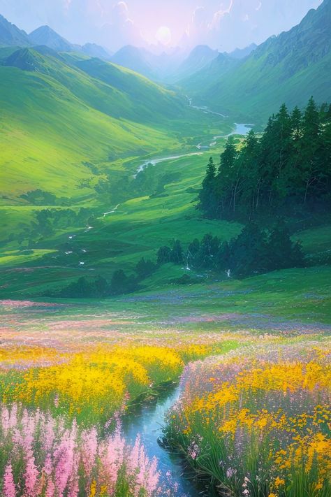 This digital artwork depicts a beautiful green valley surrounded by majestic mountains. Tall trees dot the landscape, while colorful flowers add splashes of vibrant hues. The scene evokes a sense of serenity and peacefulness, inviting the viewer to escape the hustle and bustle of everyday life and immerse themselves in the tranquility of nature. Beautiful Valleys Nature, Vibrant Landscape Photography, Flower Valley Painting, Fantasy Valley Landscape, Mountain Drawing Color, Nature Scenes Landscapes, Mountain And Flowers, Land Of Flowers, Valley Drawing