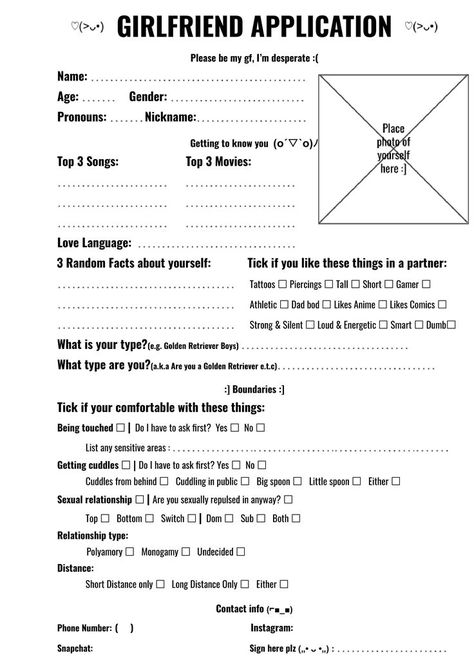 Best Friend Application, Girlfriend Application, Boyfriend Application, Character Sheet Writing, Friend Application, About Me Template, Dating Application, Want A Girlfriend, Black Color Hairstyles