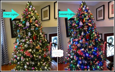 Real Christmas Tree Colored Lights, Christmas Tree Decor With Colored Lights, White Christmas Tree With Multi Colored Lights Decorating Ideas, Christmas Tree Color Lights, Christmas Tree Ideas Colorful Lights, Multi Colored Light Christmas Tree Ideas, Colored Light Christmas Tree Ideas, Christmas Tree Colored Lights, Christmas Tree With Coloured Lights