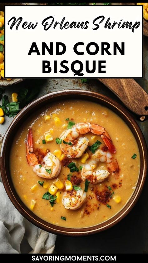 Savor the taste of the Big Easy with this classic shrimp and corn bisque! Packed with juicy shrimp, tender corn, and a creamy Cajun broth, it's a perfect dish for any season.

#ShrimpCornBisque #CajunFlavors #NewOrleansCuisine #SeafoodBisque #ComfortFood #FallSoups #CajunRecipes #HeartyBisque #SouthernFlavors #SeafoodDishes Crab And Corn Bisque Recipe, Soups With Shrimp, Seafood Bisque Soup Recipes, Corn Bisque Soup, Shrimp Corn Bisque, Creamy Shrimp Soup, Shrimp And Corn Bisque, Corn And Crab Bisque, Crab And Corn Bisque