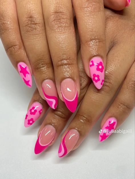 Nail Inspiration Colourful, Girlie Nails 2024, Hot Pink Accent Nails, Pink Pony Club Nails, Gel X Nail Designs Summer, Fun Pink Nail Designs, Funky Pink Nails, Girly Nail Ideas, Nails With Hot Pink