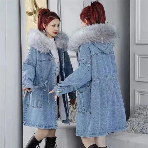 Women Jeans Coats Outwear 2023 New Warm Thick Fleece Denim Jacket Korean Loose Hooded Fur Collar Denim Jacket Korean, Female Jeans, Fleece Denim Jacket, Jacket Korean, Long Parka, Womens Parka, Solid Clothes, Dress Pant, Fur Collar