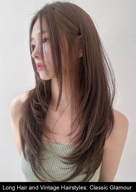 Long Hair and Vintage Hairstyles: Classic Glamour #brownhairs Japanese Haircut Long, Long Asian Haircut, Long Hairstyles Asian, Volume Haircut, Japanese Haircut, Asian Long Hair, Long Shag Haircut, Layered Hair With Bangs, Asian Haircut