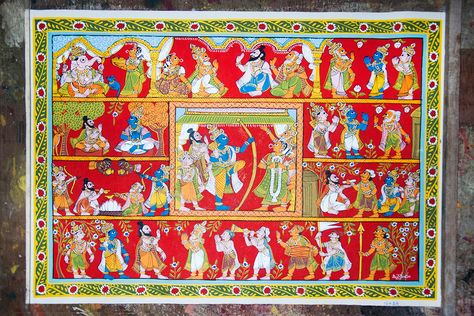 A Cheriyal painting depicting the scene from Ramayana. Cheriyal Paintings, Art Forms Of India, Phad Painting, Ipad Painting, Saree Painting, Kalamkari Painting, Madhubani Art, Indian Folk Art, Madhubani Painting