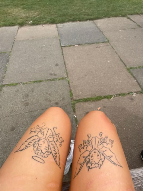 Tattoo bipolar angel and devil Angel Knee Tattoo, Bipolarity Tattoo, Devil Tattoo For Women, Devil Angel Tattoo, Devil And Angel Tattoo, Angel And Devil Tattoo, Angel Devil Tattoo, Back Of Leg Tattoos, Devil And Angel