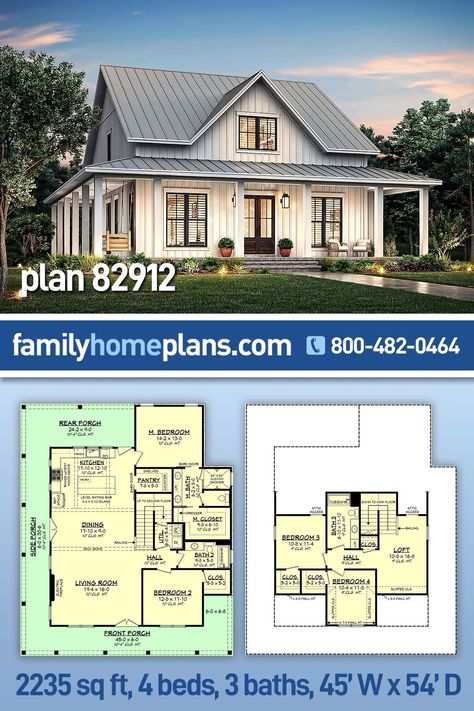 Country, Farmhouse, Traditional Style House Plan 82912 with 2235 Sq Ft, 4 Bed, 3 Bath Wraparound Porch Farmhouse One Story, Small 4 Bedroom Farmhouse Plans, 4 Bedroom 3 Bath Farmhouse Plans, One Floor Open Concept House Plans, Small Farmhouse Homes, Metal Building Homes Floor Plans 4 Bedroom, 4 Bed Cabin Floor Plans, Country House Layout Plans, House Plan With Conservatory