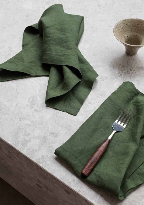 100% Linen Table Napkins | Forest Green (Set of Four) - 50 x 50cm / Forest Green Green Napkins, Linen Pattern, Bamboo Plates, Colour Colour, Green Table, Beige Colour, Organic Forms, European Linens, Grey Light