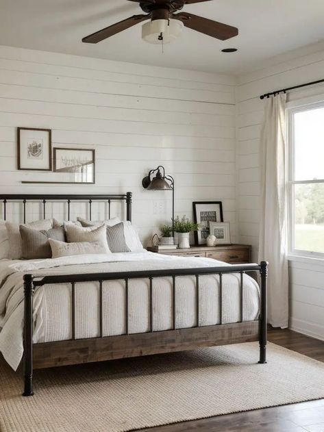 Gray Iron Bed, Ideas For Above The Bed, Shiplap Bedroom, Farmhouse Reno, Farm Bedroom, Farmhouse Bedrooms, Cabin Bedroom, Bedroom Remodel, Master Room