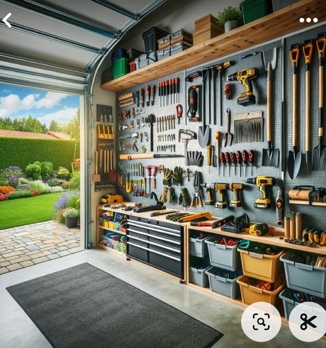 Carport Tool Storage Ideas, Garage Tools Storage, Organized Tools In Garage, Tool Garage Organization, Man Cave In Garage Ideas, Garage Organization Overhead, Tool Shed Interior, Pretty Garage Interior, Garage Woodshop Ideas