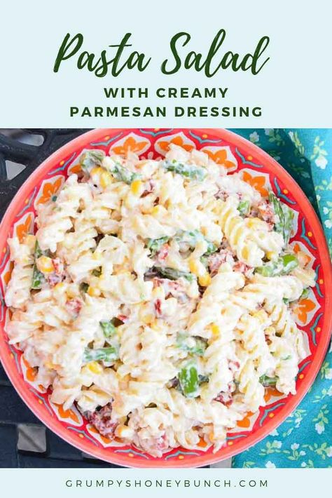 Pasta Salad with Creamy Parmesan Dressing - Grumpy's Honeybunch Pasta Salad With Asparagus, Creamy Parmesan Dressing, Salad Parmesan, Parmesan Pasta Salad, Pasta Parmesan, Salad With Asparagus, Creamy Pasta Salad, Buffalo Chicken Pasta Salad, Parmesan Salad