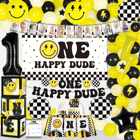 PRICES MAY VARY. One Happy Dude Birthday Decorations: Adorable lightning bolt smiley face party banners feature One Happy Dude themed motifs such as lightning bolts, smiley faces, black and white chevron logos, and stars in bright yellow, black, and white colors that are adorable and classic; they'll be even more eye-catching for decorating your cool kid's first birthday party, and it's sure to be the most adorable decoration for your little one's birthday day All in One 1st Birthday Party: You First Birthdays Themes, One Year Party Theme, One Cool Dude First Birthday Party, One Year Old Birthday Party Boy, One Happy Dude First Birthday, Dude Birthday Party, 1st Birthday Boy Themes, One Happy Dude Birthday, Dude Birthday