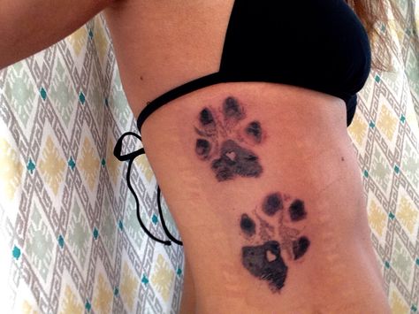 Tattoo of my dogs paw prints! 2 Paws Tattoo, Detailed Paw Print Tattoo, Actual Dog Paw Print Tattoo, Paw Print Tattoo Location, Paw Print Tattoo On Thigh, Dog Paw Print Tattoo Placement, Paw Print Rib Tattoo, Paw Print Tattoo Placement, Dog Paw Print Tattoo Ideas