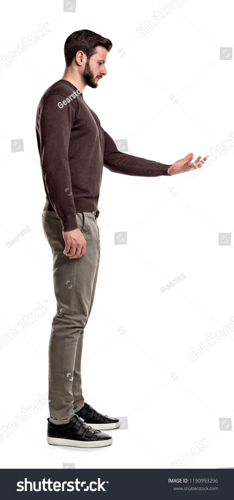 Men References Pose, Side View Of A Person, Man Body Side View Drawing, Man From Side Reference, Person Standing Reference Side, Man Side View Reference, Person Standing Looking Down, Hand Poses Side View, Man Standing Side View Drawing