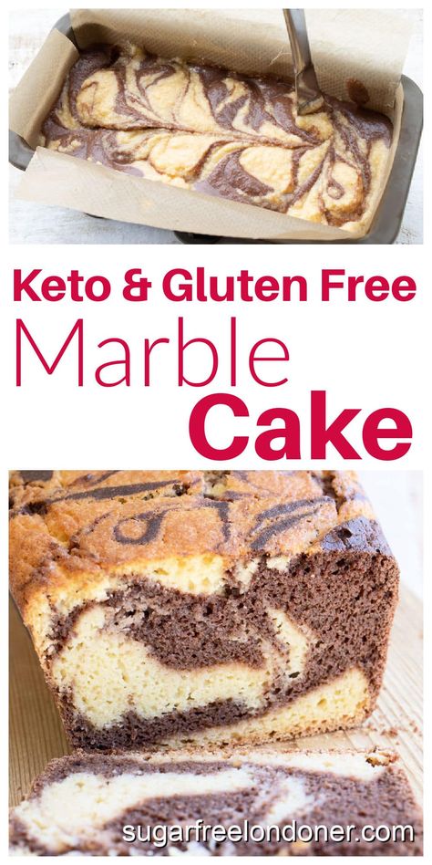 This keto marble cake has a light and fluffy texture. Expect a moist, vanilla flavoured crumb with fun chocolatey swirls. This healthy marble cake recipe is gluten-free, sugar free and only 2.6g net carbs per slice. Marble Cake Recipe, Galletas Keto, Keto Banana Bread, Peanut Butter Bread, Baked Cake, Marble Cake Recipes, Sugar Free Cake, Sugar Free Sweets, Low Carb Flour