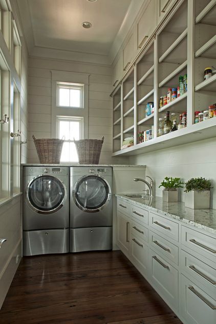 Laundry room plus pantry. Combining a pantry with the laundry room means you'll have one walk-in space instead of two regular closet-size spaces. Butlers Pantry Laundry Room Combo, Cottage Laundry Room, Laundry Room Pantry, Laundry Pantry, Traditional Laundry Room, Grey Laundry Rooms, Laundry Room/mud Room, Pantry Laundry Room, Pantry Laundry