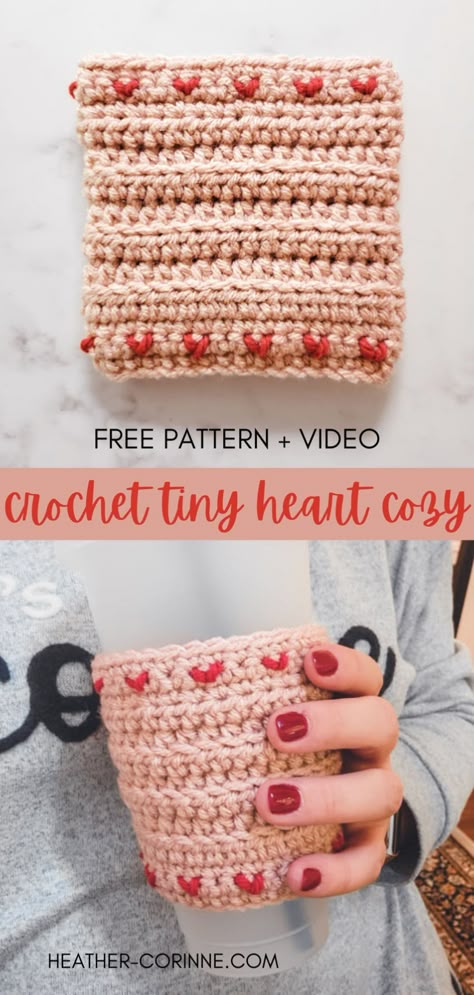 Pinterest graphic for the crochet Tiny Heart Cozy free patter + video. Crochet Heart Cup Cozy, Crochet Cup Cozy Tutorial, Coozie Crochet Patterns, Crochet Mug Sleeve, Crochet Projects Valentines Day, Crochet Cup Sleeve Free Pattern, Crochet Koozie Pattern Free, Coffee Cozy Crochet Pattern Free, Valentines Day Crochet Ideas