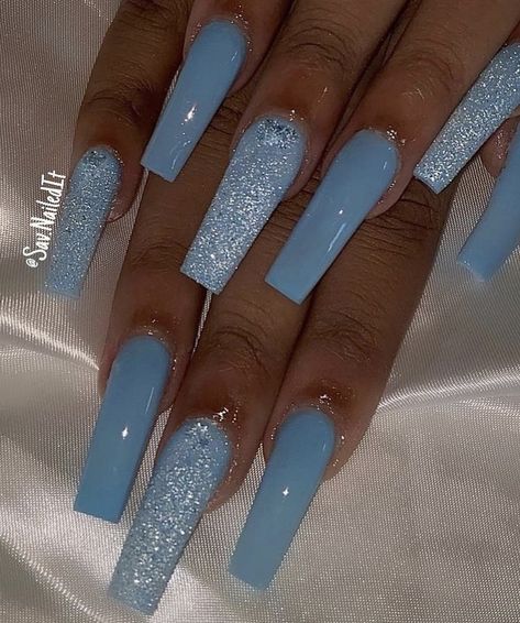 Teal Acrylic Nails, Baby Blue Acrylic Nails, Pastel Blue Nails, Blue Prom Nails, Blue And Silver Nails, Spring Nails Gel, Spring Nails Ideas, Teal Nails, Baby Blue Nails