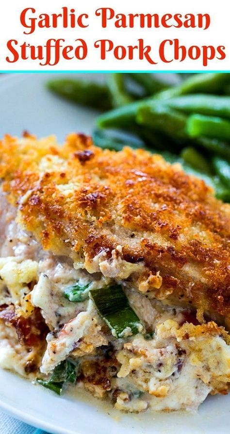 Garlic Parmesan Stuffed Pork Chops are filled with a creamy filling made from cream cheese, bacon, and Parmesan cheese. Creamy Sauces, Spicy Southern Kitchen, Stuffed Pork Chops, Pork Chop Recipes Baked, Pork Chop Dinner, Stuffed Pork, Kitchen Dinner, Southern Kitchen, Pork Dinner