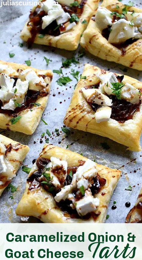 Caramelized Onion & Goat Cheese Tarts Goat Cheese Tarts, Caramelised Onion Tart, Goat Cheese Tart, Cheese Puff Pastry, Onion Tart, Goat Cheese Recipes, Elegant Appetizers, Cheese Tarts, Cheese Bites