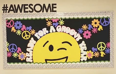 Peace Love School Theme, Groovy Welcome Bulletin Board, Smile Bulletin Board Ideas, 70s School Theme, Smiley Face Bulletin Board, 50s Bulletin Board Ideas, Groovy Door Decor Classroom, 70s Bulletin Board Ideas, Groovy Classroom Doors