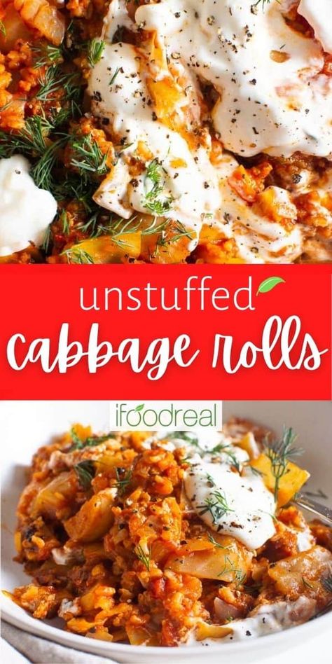 Easy Unstuffed Cabbage Rolls dinner recipe made with lean ground turkey, brown rice, chopped cabbage and smothered in a savory tomato sauce! Comfort meets convenience in this deconstructed stovetop casserole. Easy Unstuffed Cabbage Rolls, Stovetop Casserole, Unstuffed Cabbage Casserole, Deconstructed Cabbage Rolls, Rolls Dinner, Lazy Cabbage Rolls, Cabbage Side Dish, Unstuffed Cabbage Rolls, Cabbage Roll Casserole