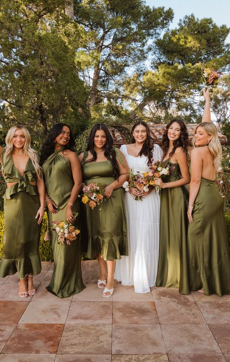 Top Bridesmaid Dresses, Mismatched Green Bridesmaid Dresses, Olive Bridesmaid Dresses, Fall Bridesmaid, Different Bridesmaid Dresses, Olive Green Bridesmaid Dresses, Bridal Parties Colors, Olive Green Weddings, Fall Wedding Bridesmaids