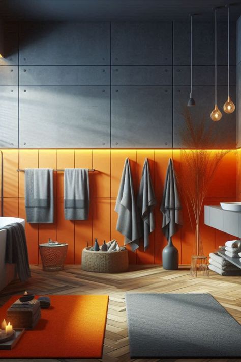 Invigorate your senses with this energizing orange and cool grey contrast. A perfect balance of warm and cool tones. #EnergizingBathroom #OrangeAndGrey Orange And Grey Bathroom, Color Scheme Ideas, Bathroom Color Schemes, Grey Bathroom, Bathroom Color, Grey Bathrooms, Cool Tones, Interior Decor, Color Scheme