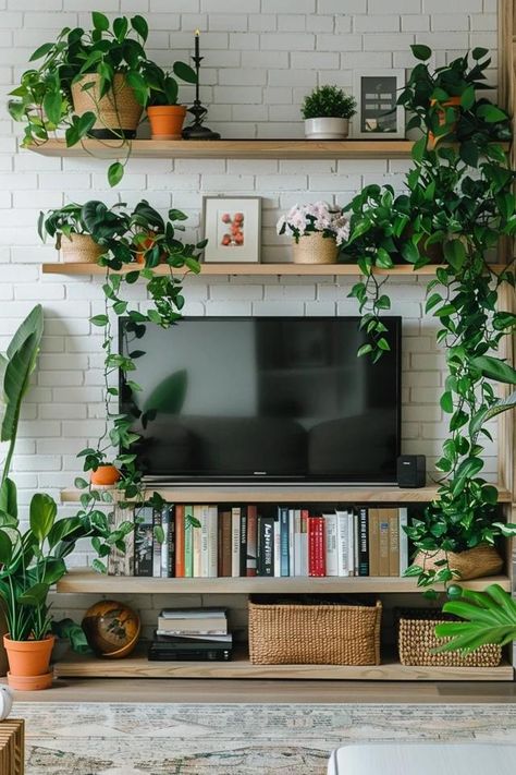 Floating Shelves Ideas Around TV for Stylish Decor Tv Mount With Shelves, How To Display Tv In Living Room, Wall Shelves Living Room Above Tv, Bedroom Wall Tv Ideas, Shelves Surrounding Tv, Above Tv Storage, Open Shelving Around Tv, Living Room Designs Shelves, Over Tv Shelf