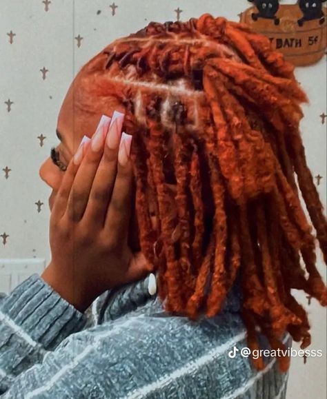 Burgundy And Burnt Orange Locs, Dreads Styles For Women With Color, Half Colored Locs, Short Length Loc Styles For Women, Loc Hair Colors Black Women, Ginger Colored Locs, Braided Loc Styles For Women, Locs With Color Black Women, Different Color Locs