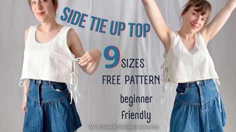 Side Tie Tank Top Sewing for Beginners | Free Pattern in 9 Sizes - Sparrow Refashion: A Blog for Sewing Lovers and DIY Enthusiasts Top Sewing Tutorial, Tank Top Sewing, Top Pattern Sewing, Tank Top Sewing Pattern, Clothing Pattern Design, Tie Tank Top, Tie Up Top, Diy Tops, Top Sewing