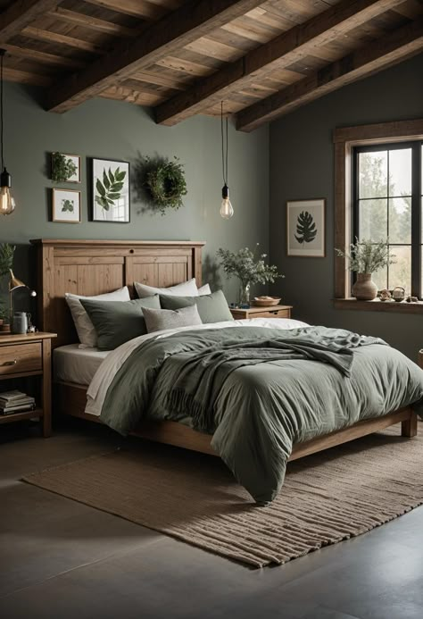 Sage Green Natural Wood Bedroom, Sage Green And Grey Room Ideas Bedroom, Moody Green And Gray Bedroom, Grey Green And Wood Bedroom, Olive And Charcoal Bedroom, Olive Green Black And Wood Bedroom, Sage And Dark Brown Bedroom, Sage And Dark Wood Bedroom, Green Spare Room Ideas