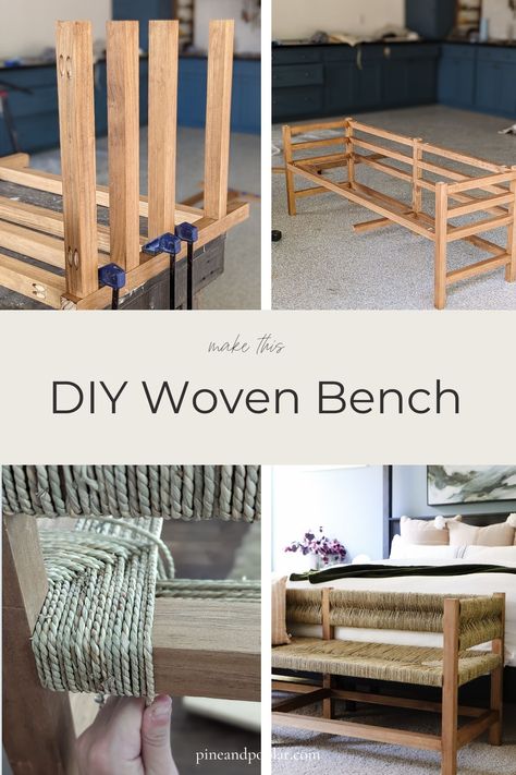 Make your own DIY bench with this step-by-step tutorial! We'll show you how to create this designer woven bench look for way less than retail prices. How To Style A Bench, Diy Bench With Back, How To Make A Bench, Diy Piano Bench, Bed Bench Diy, Bed Bench Ideas, Dyi Bench, Diy Woven Bench, Woven Bench