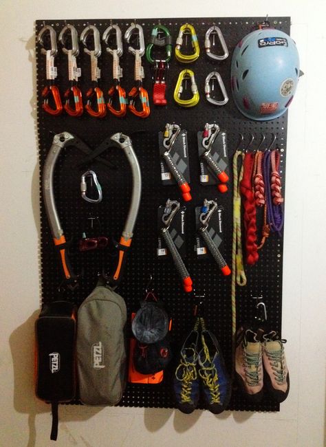 My Climbing Gear Wall Indoor Wall Climbing, Climbing Gear Organization, Outdoor Gear Organization, Mountain Climbing Gear, Outdoor Gear Storage, Gear Wall, Gear Room, Bouldering Wall, Climbing Equipment