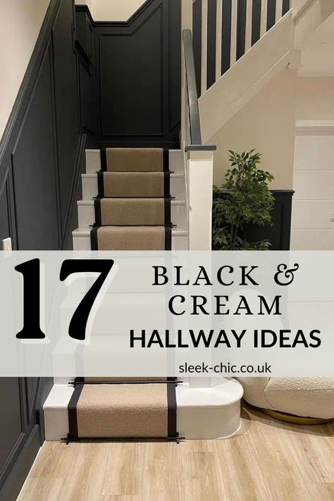 Cream is a very forgiving colour, it’s warmer and it lends a modern aesthetic to a hallway when combined with black accents. So, if you are looking to create a neutral and modern, yet warm hallway that feels light and airy, let’s explore these 17 black and cream hallway ideas that can easily be incorporated into any home. Hallway And Staircase Ideas, Landing Styling Ideas, White Black Hallway, Cream And Black Stairs, Neutral And Black Interior Design, Black Beadboard Hallway, Staircase Wall Colour Ideas, Hallway Ideas With Storage, Black And Off White Aesthetic