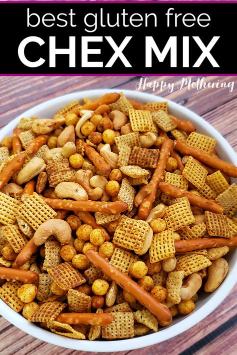 Learn how to make the best Gluten Free Chex Mix recipe. I make this salty snack recipe regularly for my family and for special occasions. It's a big batch that goes a long way and it's totally kid-friendly! Next time you need a delicious gluten free snack or appetizer, give this classic Chex mix recipe a try! Chex Mix Recipes Gluten Free, Original Chex Mix Recipe, Gluten Free Chex Mix Recipes, Healthy Chex Mix, Gluten Free Snack Mix, Original Chex Mix, Homemade Chex Mix Recipe, Gluten Free Chex, Chex Mix Recipes Original