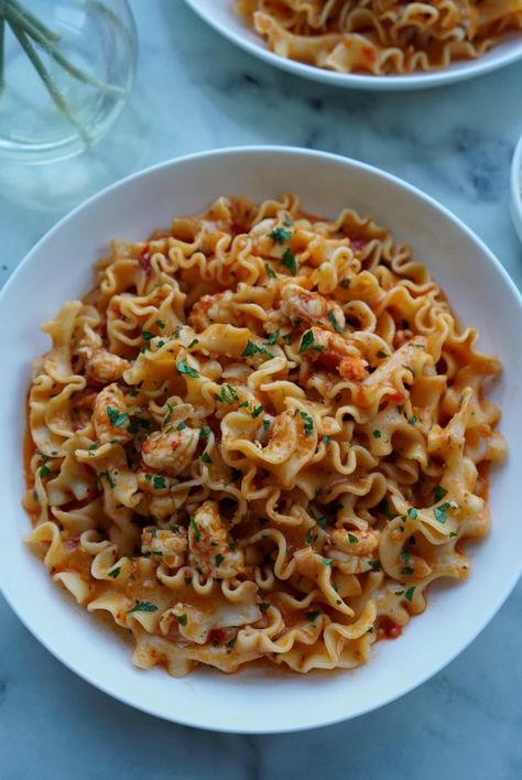 Calabrian Chili Mafaldine Scampi Mafaldine Pasta, Chili Pasta, Italian Parsley, Calabrian Chili, Healthy Food Dishes, Dry White Wine, Rigatoni, Virgin Olive Oil, Extra Virgin