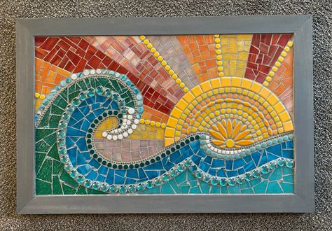 15" x 24" #mosaicsun #mosaicwaves Wave Mosaic Art, Waves Mosaic Art, Modern Mosaic Art Patterns, Ocean Mosaic Art, Geometric Mosaic Art, Mosaic Pictures Ideas, Sun Mosaic Art, Mosaic Art Beginners, Sun Mosaic Ideas