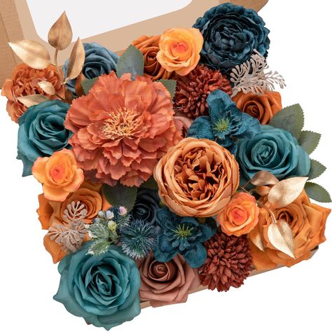 PRICES MAY VARY. Fall Flowers Box Details - Orange Silk Peony*1, Dusty Orange Silk Rose*2, Orange Foam Rose*2, Foam Flower*2, Blue Foam Rose*1, Blue Silk Rose*3, Dusty Orange Small Peony*1, Rust Pompon Chrysanthemum*2, Dusty Orange Peony*1, Blue Velvet Peony*1, Small Yellow Silk Rose*3, Velvet Greenery2, Blue Small Thorny Ball*1, Golden Leaf*2, Rose Leaf*1 Artificial Flowers for Diverse Needs- This orange-blue fall flower box could be the most helpful participator for your wedding, available for Fall Flower Boxes, Faux Flower Centerpiece, Flower Bouquet Boxes, Silk Floral Centerpiece, Diy Box Crafts, Silk Flower Centerpieces, Fake Flower Bouquet, Orange Wedding Flowers, Diy Bridal Bouquet