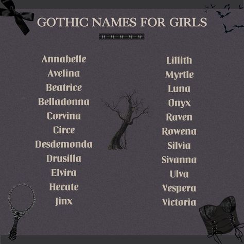 #gothic #gothicnames #namesforgirls Gothic Names, Goth Names, Fantasy Character Names, Writing Inspiration Tips, Best Character Names, Fantasy Names, Writing Dialogue Prompts, Aesthetic Names, Creative Names