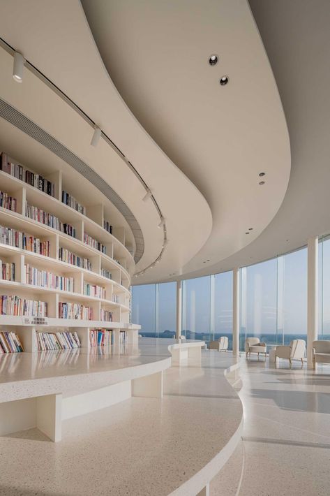 Museum Library Design, Cozy Public Library, Library Concept Architecture, Library Ceiling Design, Modern Library Architecture, Modern Library Design, Wavy Ceiling, Round Library, Library Ceiling