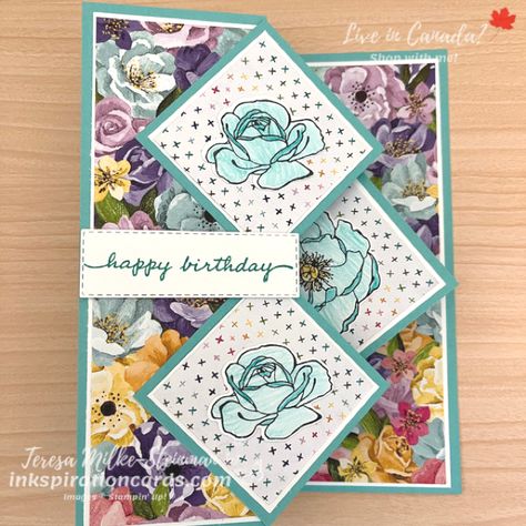 Diamond Z-Fold Card - Inkspiration Cards Double Diamond Fold Card Tutorial, Diamond Z Fold Card Tutorial, Diamond Z Fold Card, Happiness Abounds, Special Birthday Cards, Blender Pen, Gatefold Cards, Fun Folds, Card Techniques