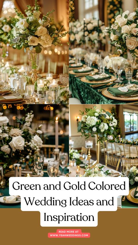 A beautifully decorated wedding venue featuring green and gold elements, including elegant floral arrangements, sophisticated table settings, and stylish attire, creating a unique and memorable celebration. Green Beige And Gold Wedding, Emerald Wedding Colors Decor, Tan And Emerald Wedding, December Wedding Emerald Green, Emerald Green And Gold Wedding Ideas, Green Gold Silver Wedding, Olive Green Wedding Reception, Emerald Gold And White Wedding, Forest Green And Gold Wedding Decor