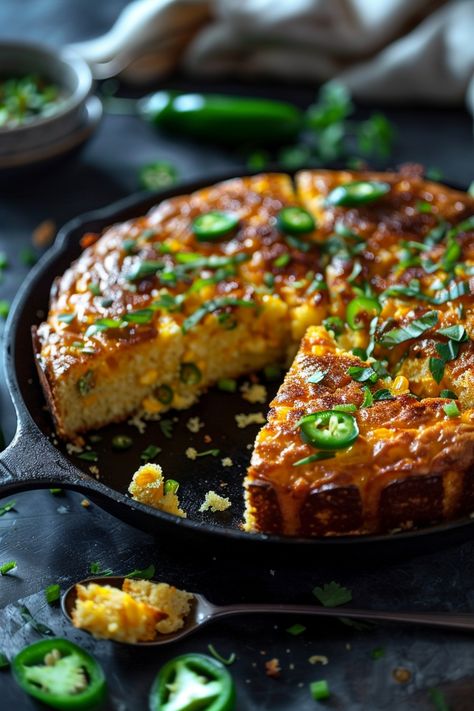 Skillet cornbread topped with jalapeño slices and fresh herbs, with a slice missing. Jalapeno Cornbread Cast Iron Skillet, Jalapeño Skillet Cornbread, Cast Iron Jalapeno Cornbread Recipe, Jalapeno Cheddar Cornbread Cast Iron, Jalepeno Cornbread Cast Iron Skillet, Cornbread Recipe Skillet, Best Jalapeno Cornbread Recipe, Cornbread Recipe Jalapeno Cheddar, Loaded Cornbread Recipe