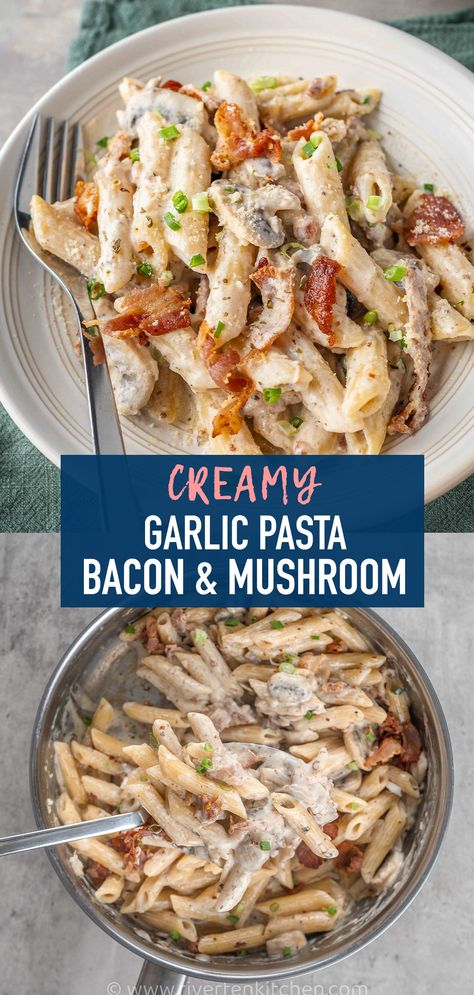 Bacon and mushroom pasta cooked in a garlic cream sauce. Bacon Cream Pasta, Pasta With Mushrooms And Prosciutto, Creamy Bacon Pasta Recipes, Chicken Bacon Mushroom Pasta, Mushroom Bacon Recipes, Pasta With Bacon Recipes, Mushroom Bacon Pasta, Bacon And Mushroom Pasta, Creamy Bacon Pasta