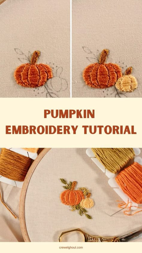 Pumpkin Embroidery Tutorial, How To Embroider A Pumpkin, Cute Fall Embroidery, Hand Embroidered Pumpkin, Hand Embroidery Pumpkin, Hand Embroidered Clothes Ideas, Pumpkin Embroidery Pattern, Autumnal Embroidery, October Embroidery