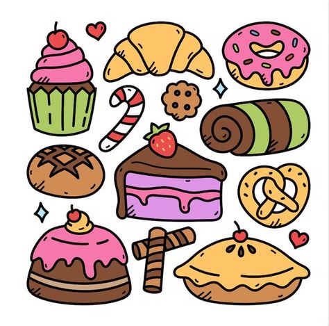 Bakery Doodle Art, Sweets Drawing Easy, Food Doodle Art Illustrations, Baking Art Illustration, Baked Goods Drawing, Cake Doodle Drawing, Cartoon Cake Drawing, Cute Cake Illustration, Sweets Doodles