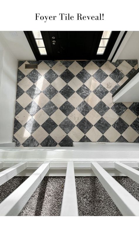 ✨FOYER TILE REVEAL! ✨ It finally happened! My dream floor tile is all done and I’m one big step closer to my foyer being finished! The… | Instagram Marble Foyer Floor, Black And White Tile Foyer, Black And White Harlequin Floors, Checked Floor Tiles, Black And White Tiled Floor, Black And White Diamond Floor, Black And White Checked Floor, Black And White Diamond Tile, Black White Tile Floor